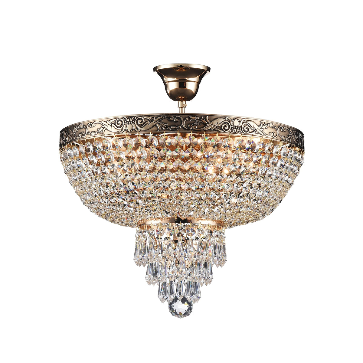 Candelabru Maytoni DIA890 în formă de coș, cu ramă aurie ornamentată și cascadă de cristale transparente, aprins, pe fundal alb