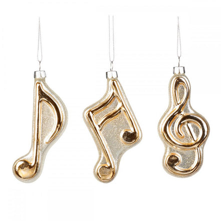 Set 3 globuri note muzicale auriu sampanie cu sclipici 10cm