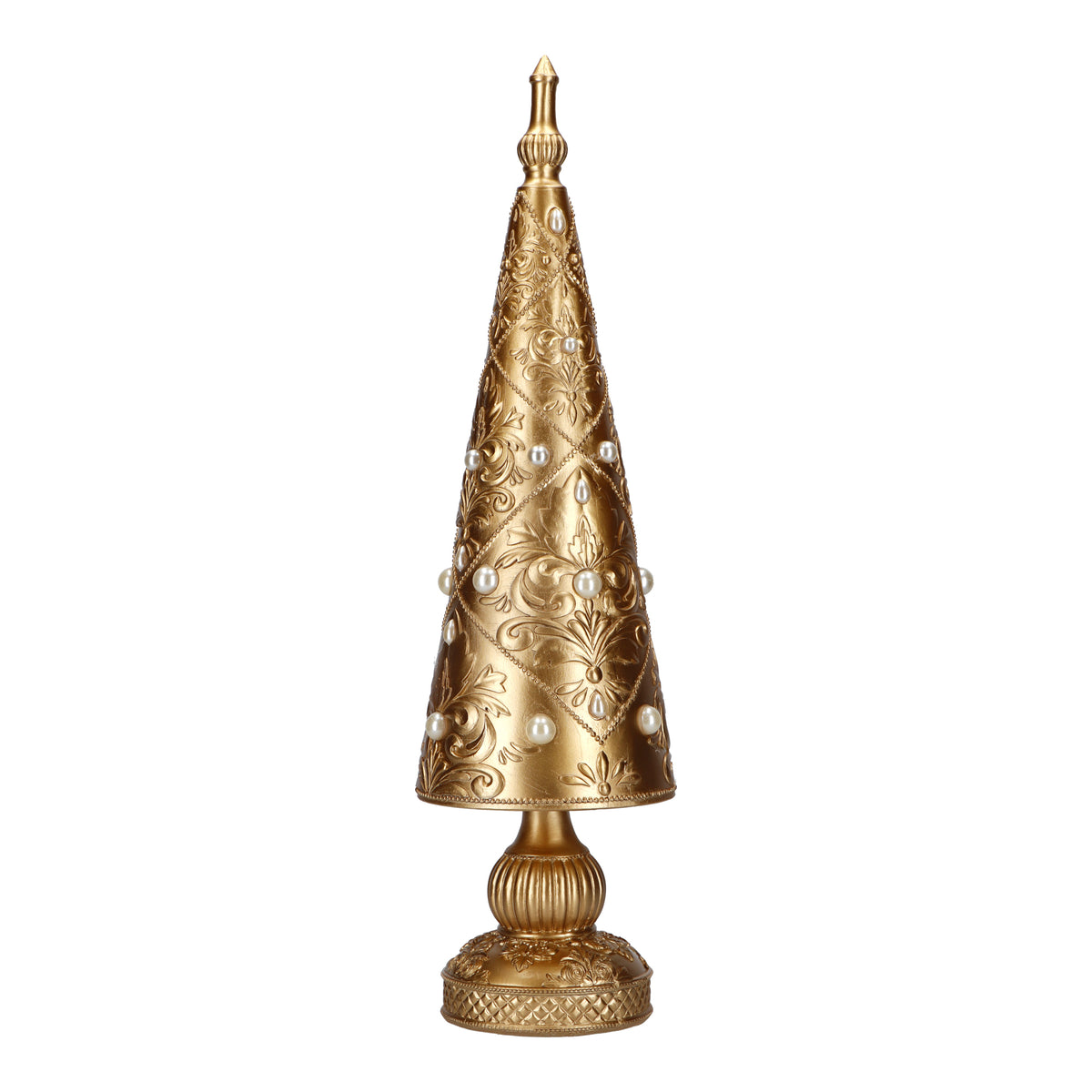 Brad decorativ conic cu mărgele, auriu, 41 cm