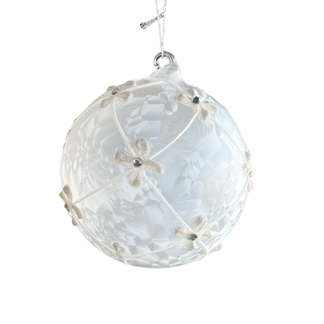 Glob de sticla decorat cu floare efect inghetat si sclipici 12cm