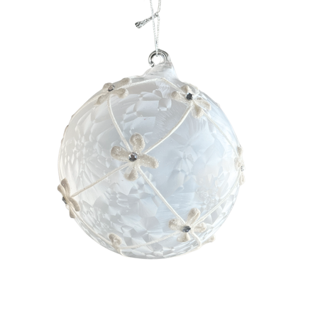 Glob de sticla decorat cu floare efect inghetat si sclipici 12cm