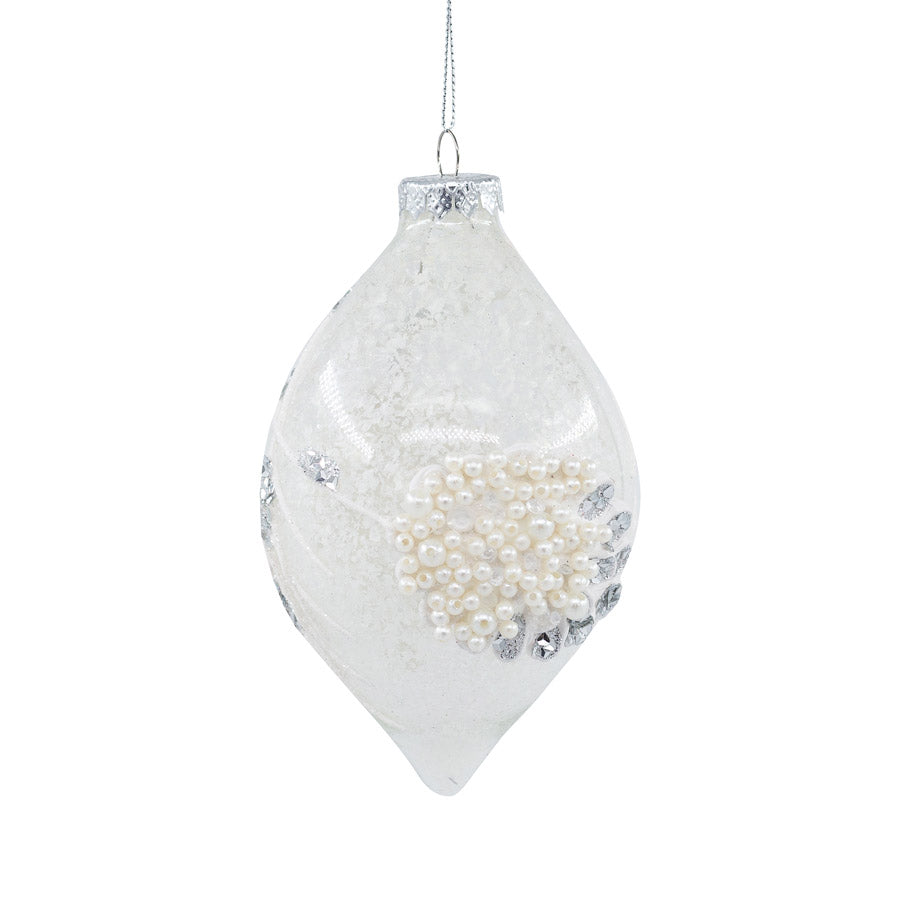 Set 2 Globuri decorate cu perlute peste conuri de brad alb/transp 13.5cm