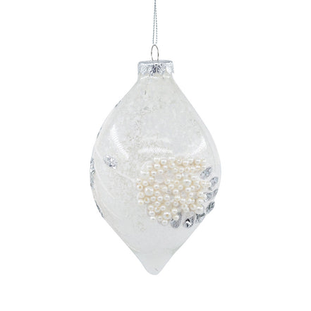 Set 2 Globuri decorate cu perlute peste conuri de brad alb/transp 13.5cm
