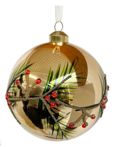 Glob de sticlă decorativ cu ramură de brad aurie strălucitoare 12cm