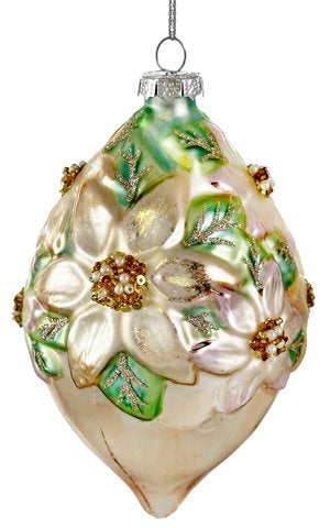 Glob din sticlă în formă de picătură cu flori presate, verde/auriu pastel, 15 cm