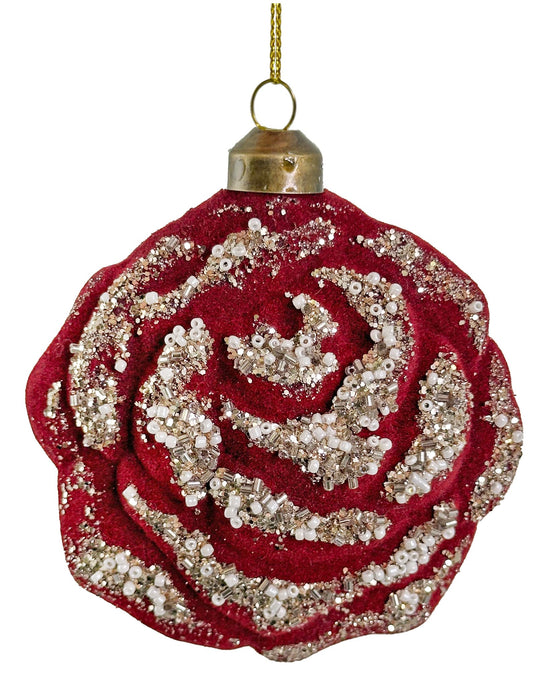 Trandafir din sticlă burgundy catifelat cu sclipici, 10 cm