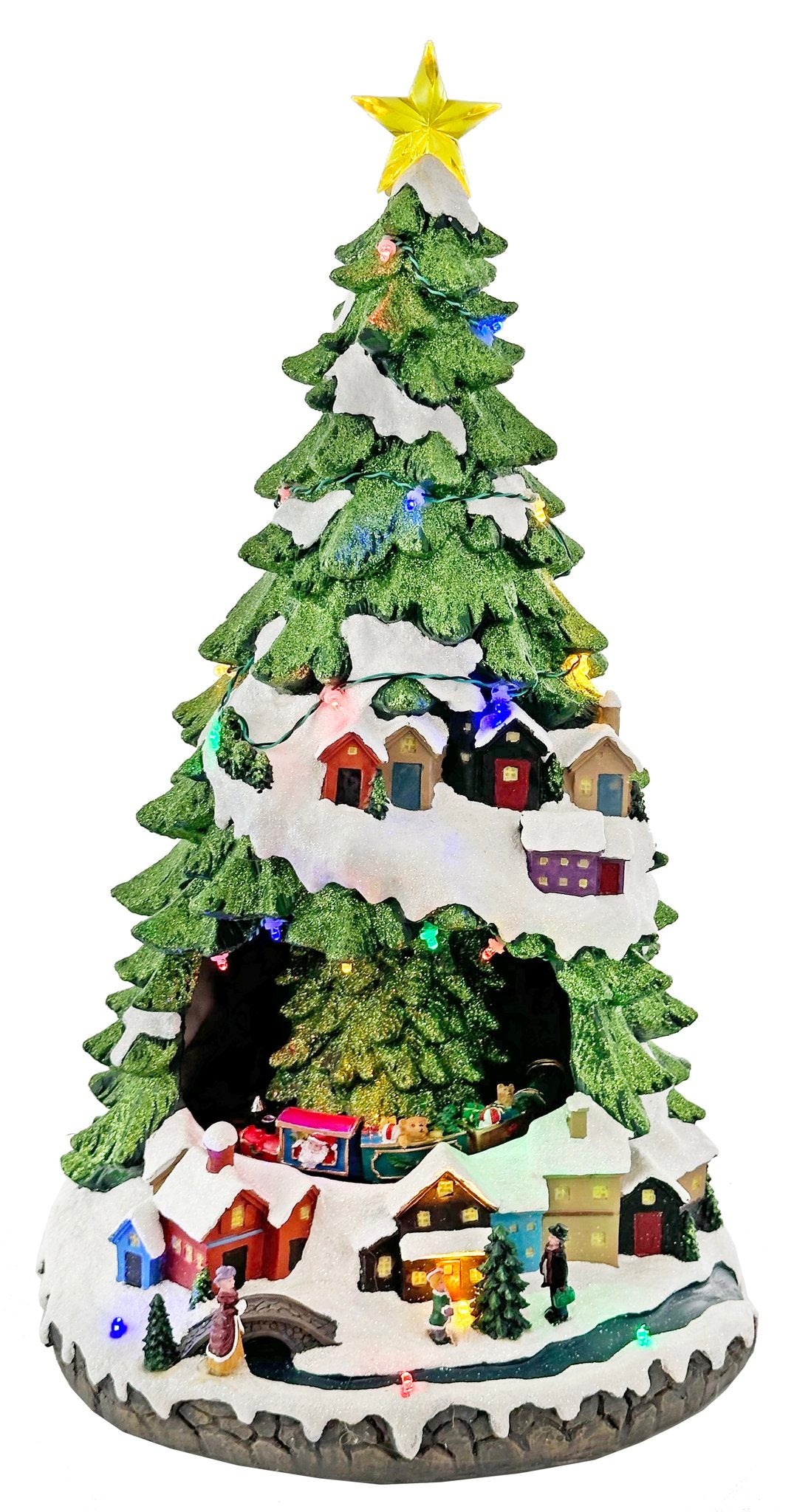 BRAD DE CRACIUN CU MUZICA, LUMINI LED SI TRENULET IN INTERIOR, 46 CM