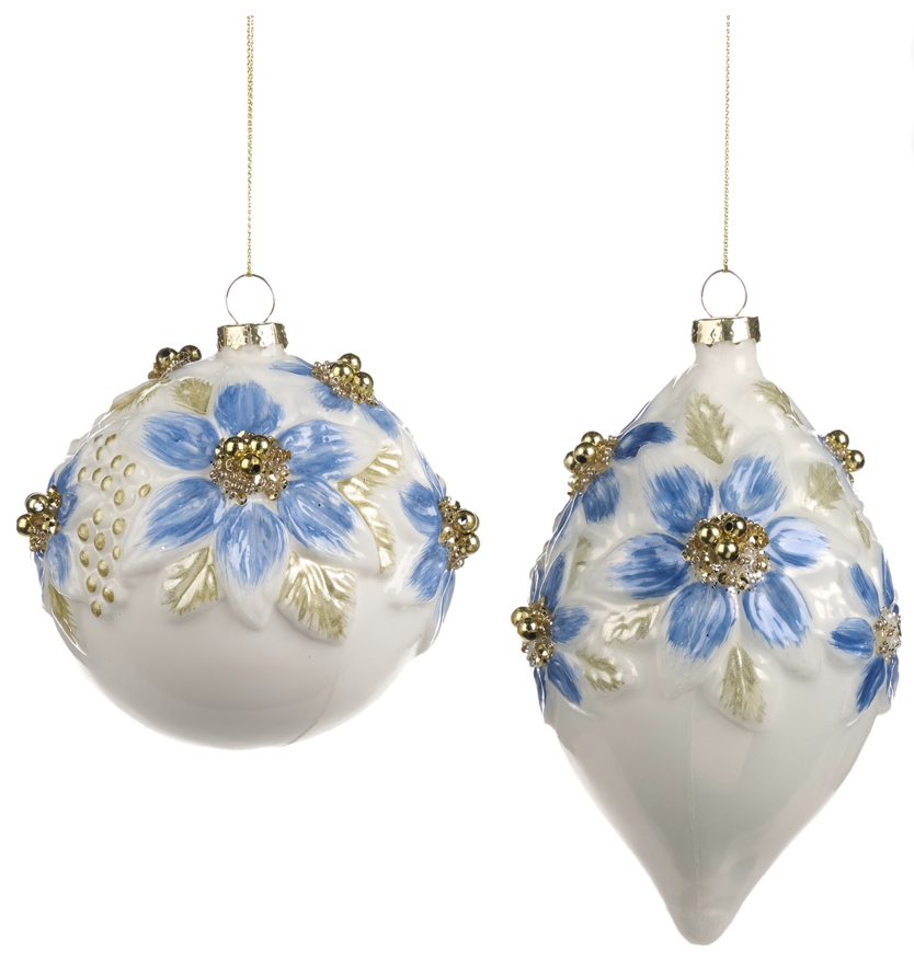 Set 2 globuri din sticla cu flori alb/albastru 16.5cm