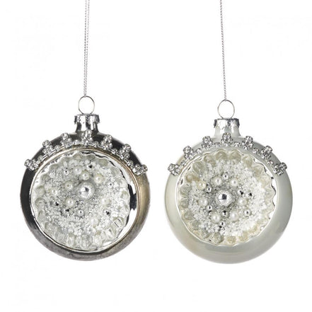 Glob sticlă perle alb/argintiu 8,5cm, set de 2 buc