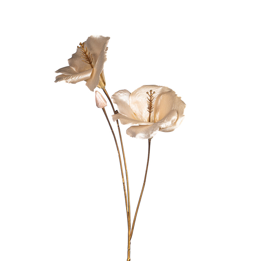 Ramură decorativă cu flori de hibiscus crem-alb și accente aurii, 74 cm