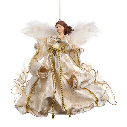 Ingeras cu pene si rochita brodata cu snur 28cm crem/auriu