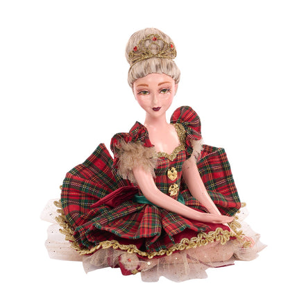 Papusa balerina asezata tartan rosu/verde 23 cm