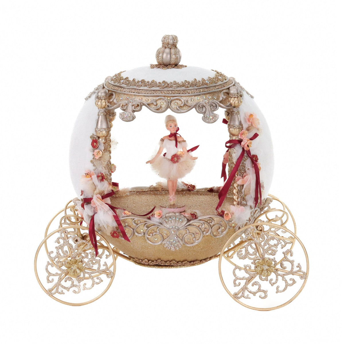 Calească decorativă cu balerine, decor de masă, roz/auriu, 46 cm