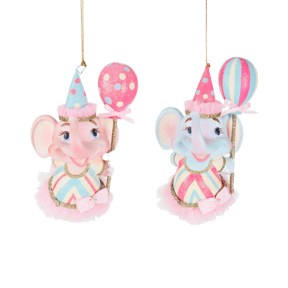 Set 2 ornamente elefant carnaval „vată de zahăr”, roz/albastru, 12,5 cm