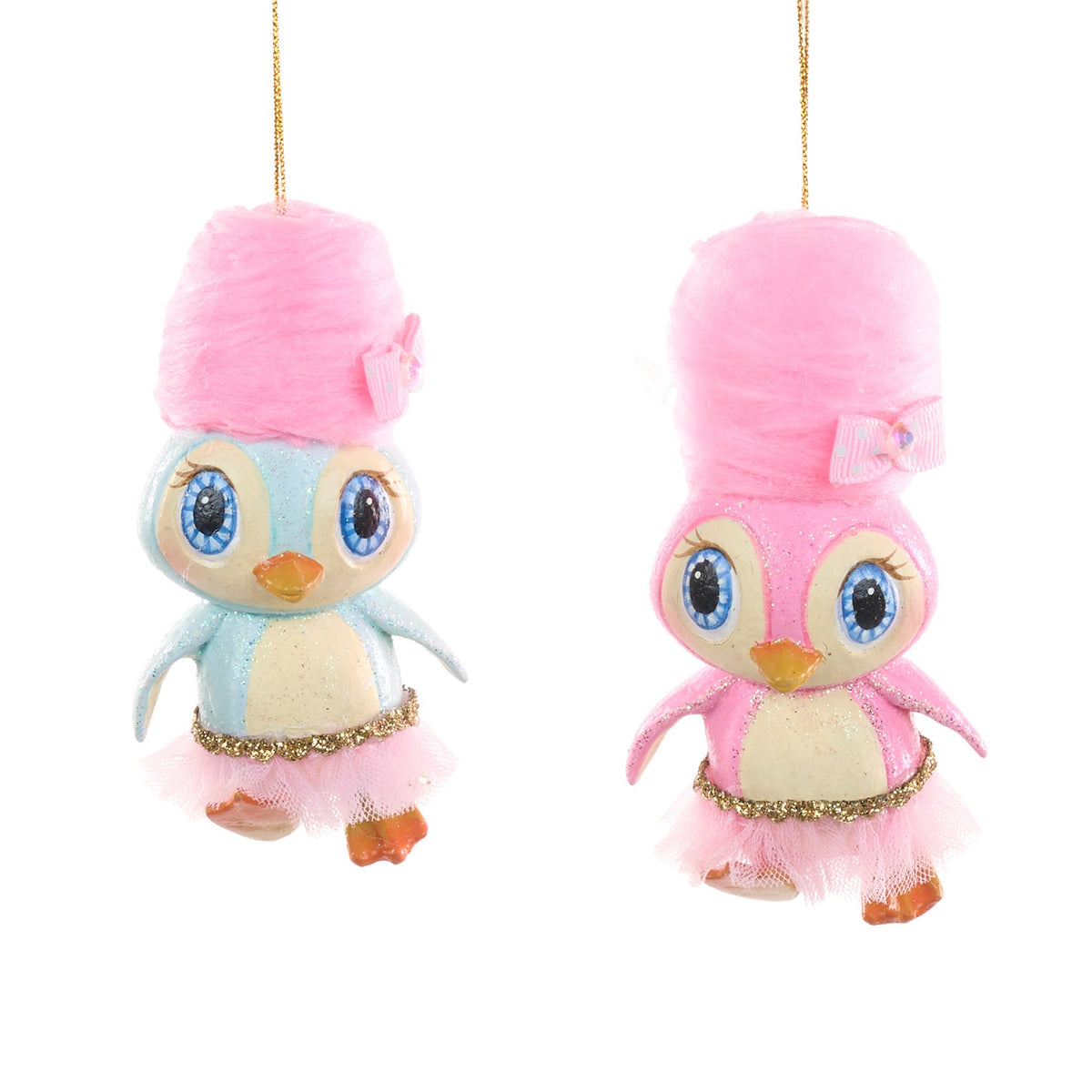 Set 2 ornamente pinguini cu fustă din tulle și păr roz, roz și albastru, 11 cm