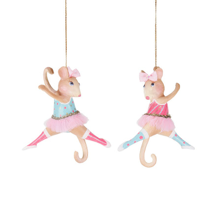 Set 2 ornamente șoricei balerine Bettina, roz și albastru, 12 cm