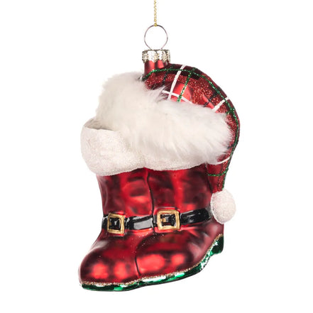 Ornament de sticla Ghetele si palaria lui Mos Craciun rosu/alb/verde 12cm