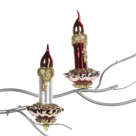 Set 2 Candele/lumanari decorative din sticla pe clipsuri ,rosu/alb/auriu, 17cm