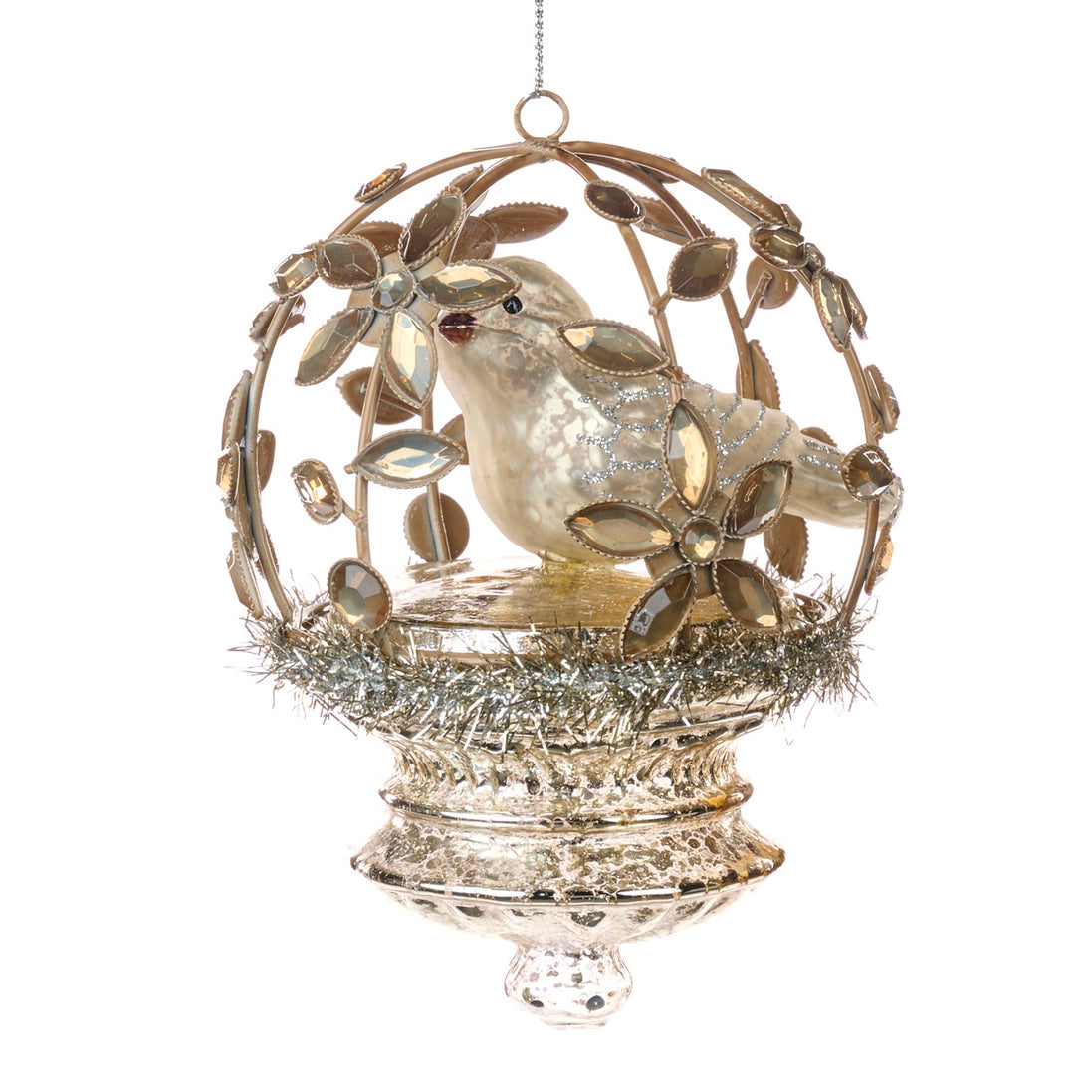 Ornament cu pasăre metalică din sticlă în colivie florală deschisă, șampanie, 13 cm