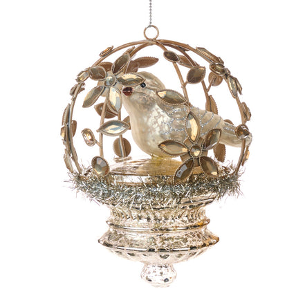 Ornament cu pasăre metalică din sticlă în colivie florală deschisă, șampanie, 13 cm
