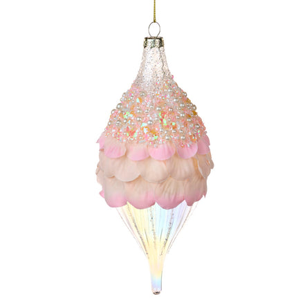 Glob decorativ din sticlă cu petale și perle, roz-transparent, 21,5 cm
