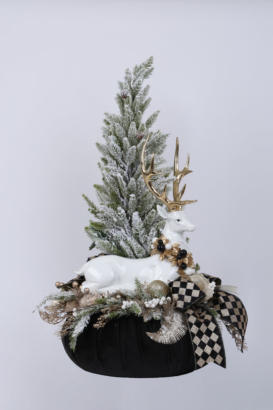 Aranjament decorativ de Crăciun cu brăduț și ren, negru/alb/auriu, 70x35cm