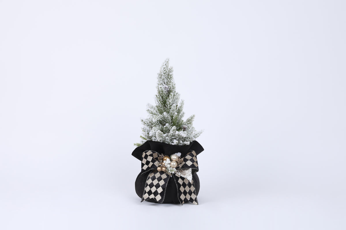 Brăduț decorativ cu bază din catifea și decorațiuni de Crăciun, negru/auriu, 45x20cm