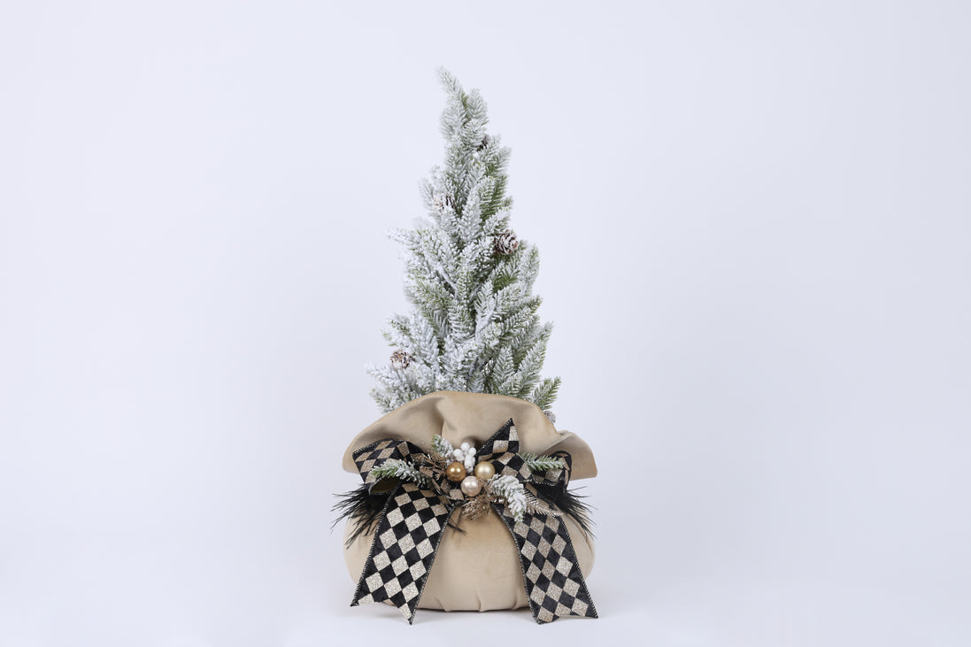 Brăduț decorativ cu bază din catifea și decorațiuni de Crăciun, bej/alb/negru, 50x25cm