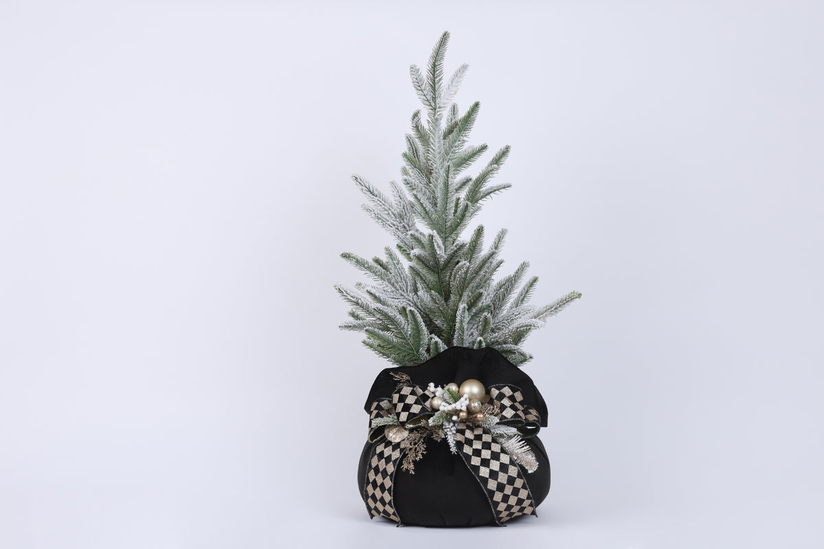 Brăduț decorativ cu bază din catifea și decorațiuni de Crăciun, negru/auriu, 75x30cm