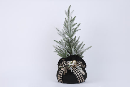 Brăduț decorativ cu bază din catifea și decorațiuni de Crăciun, negru/auriu, 75x30cm