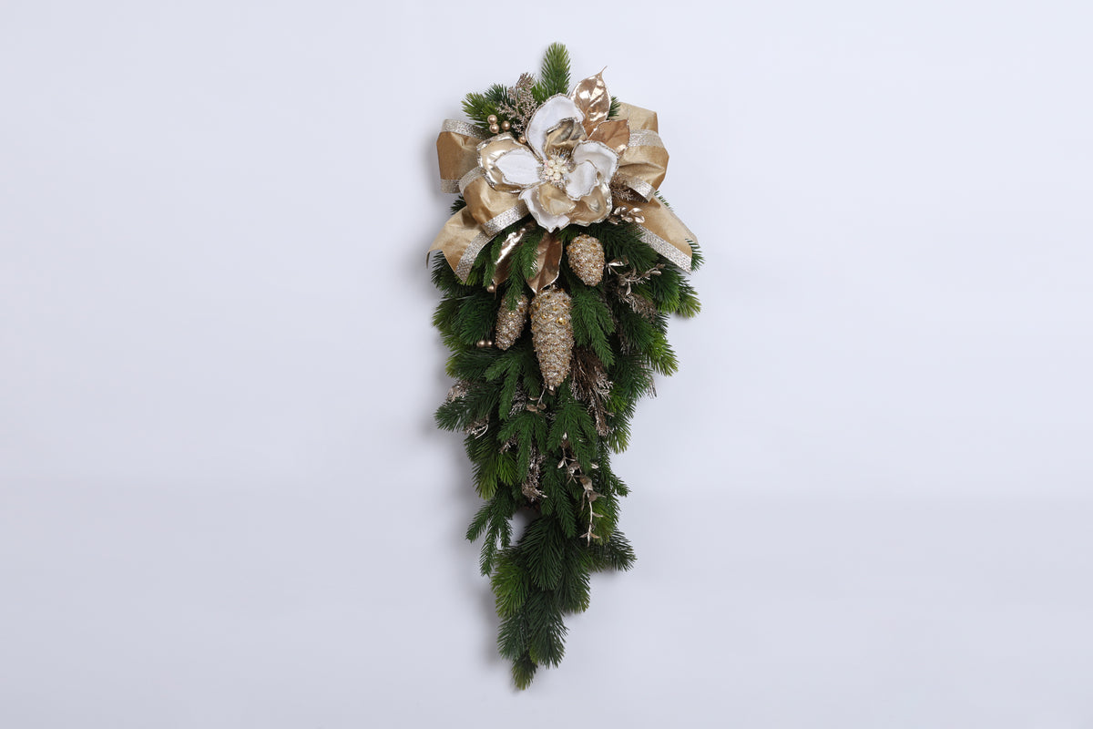 Coroniță de Crăciun cu magnolie și panglică, auriu/verde/alb, 80cm
