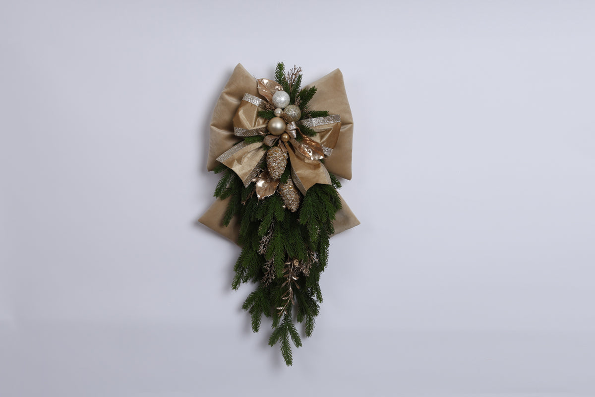Fundă din catifea cu decorațiuni de Crăciun, auriu/verde, 65cm