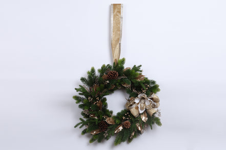 Coroniță de Crăciun cu conuri de brad și panglică, auriu/verde, 70cm