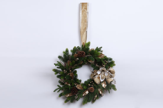 Coroniță de Crăciun cu conuri de brad și panglică, auriu/verde, 70cm