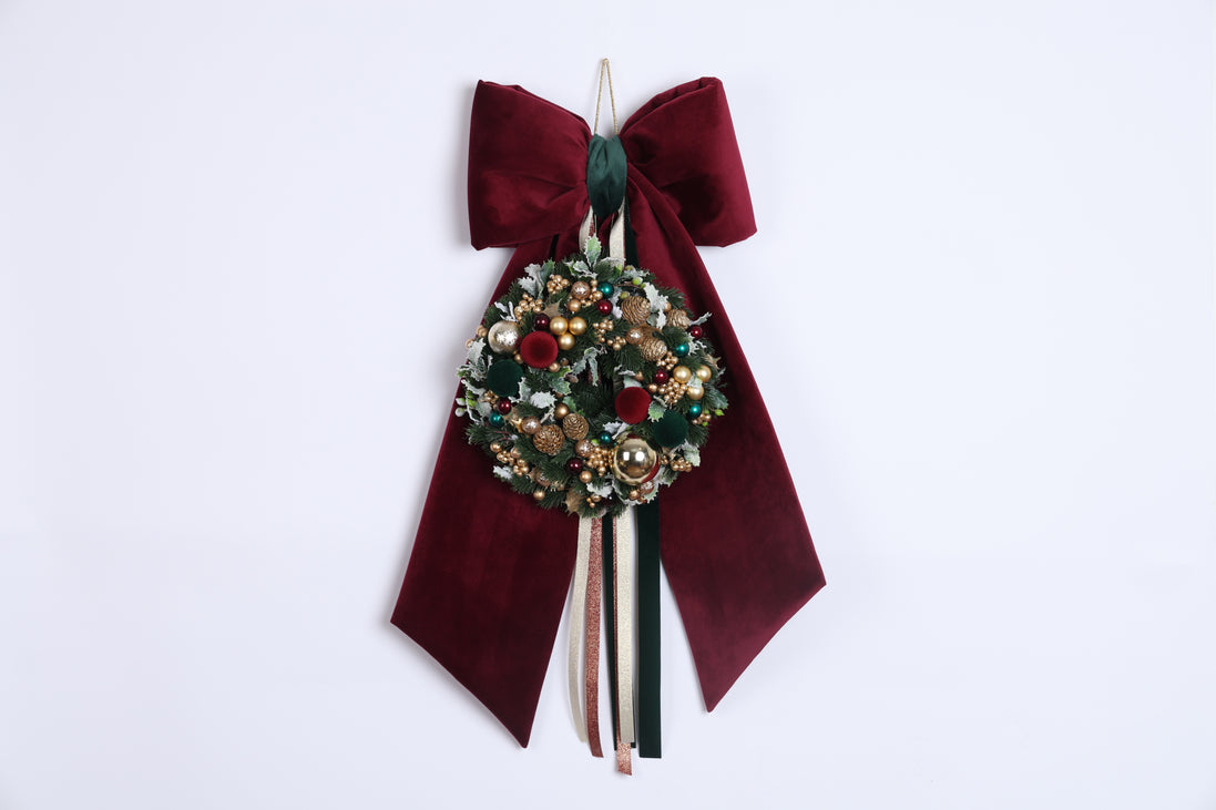 Coroniță de Crăciun cu flori, pe o fundă de catifea, bordo/verde, 65cm