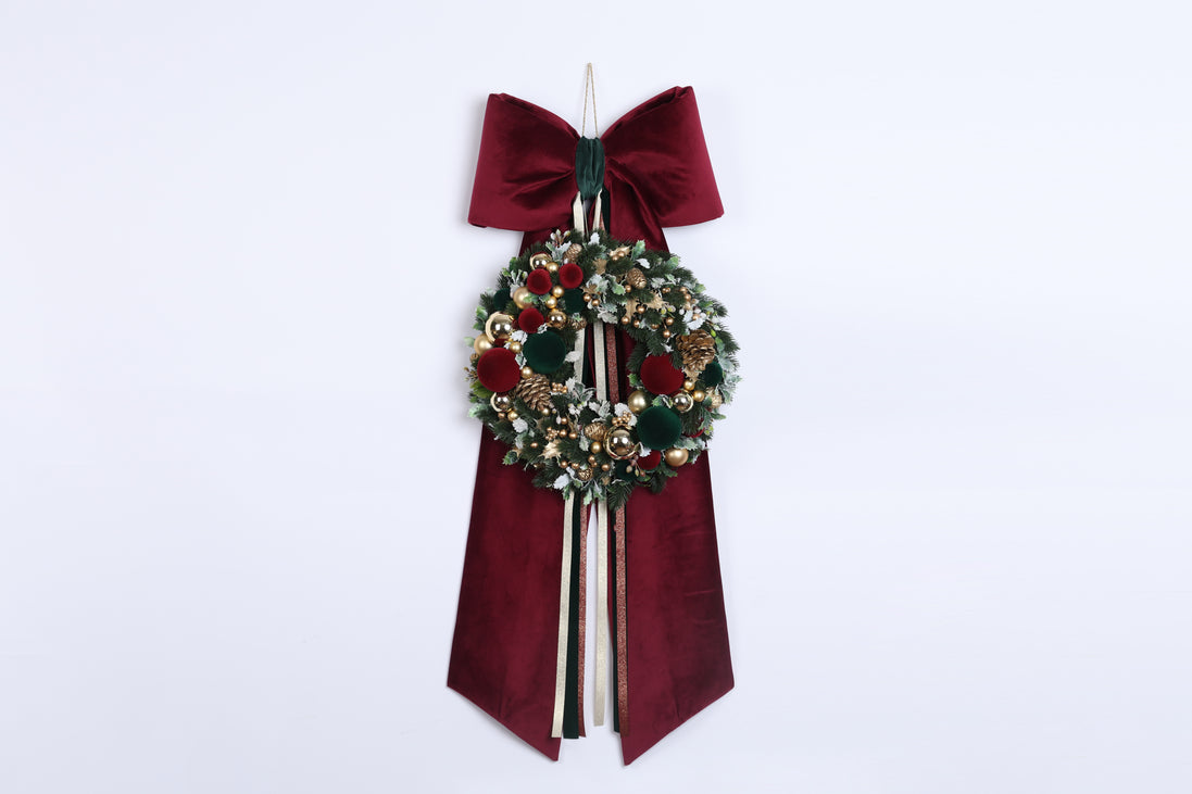 Coroniță de Crăciun cu flori, pe o fundă de catifea, bordo/verde, 100cm