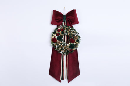 Coroniță de Crăciun cu flori, pe o fundă de catifea, bordo/verde, 100cm