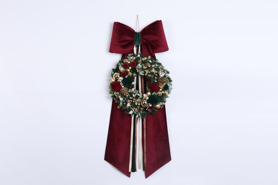 Coroniță de Crăciun cu flori, pe o fundă de catifea, bordo/verde, 100cm
