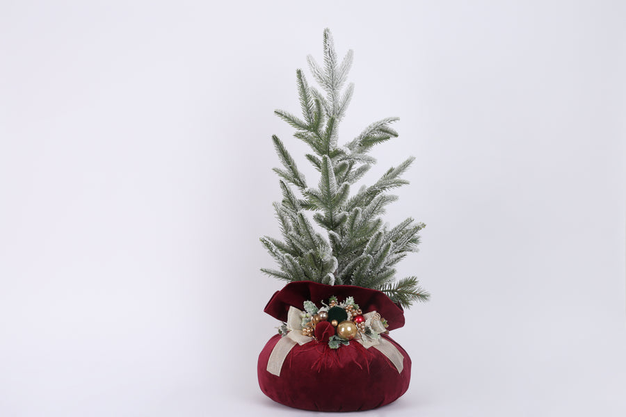 Brăduț decorativ cu bază din catifea și decorațiuni de Crăciun, verde, 75x30cm