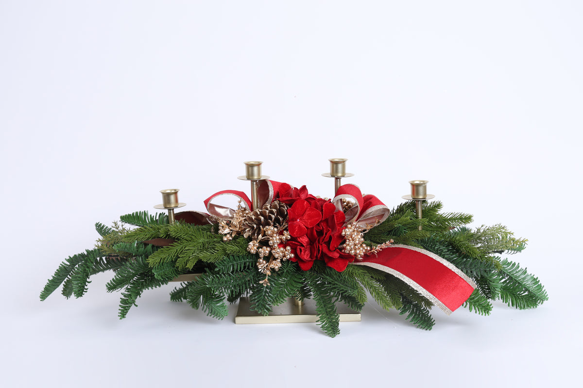 Suport pentru lumânări cu 4 brațe și decorațiuni de Crăciun, roșu/auriu/verde, 80cm