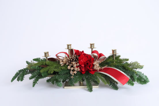 Suport pentru lumânări cu 4 brațe și decorațiuni de Crăciun, roșu/auriu/verde, 80cm