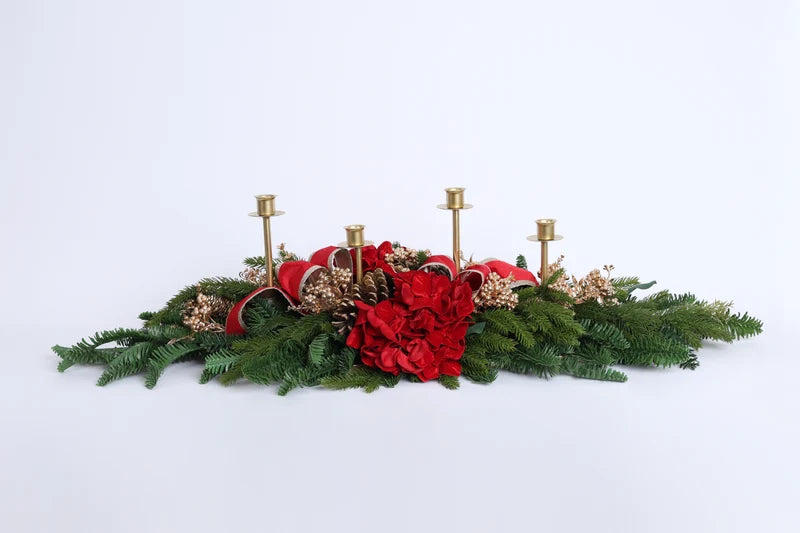 Suport pentru lumânări cu 4 brațe și decorațiuni de Crăciun, roșu/auriu/verde, 110cm