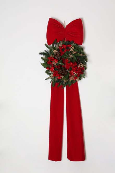 Coroniță de Crăciun cu flori, pe o fundă de catifea, roșu/verde, 170cm