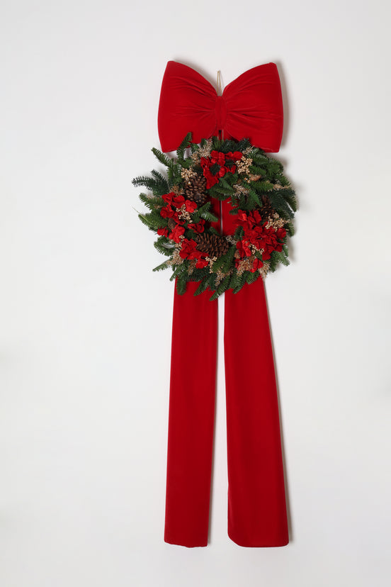 Coroniță de Crăciun cu flori, pe o fundă de catifea, roșu/verde, 170cm
