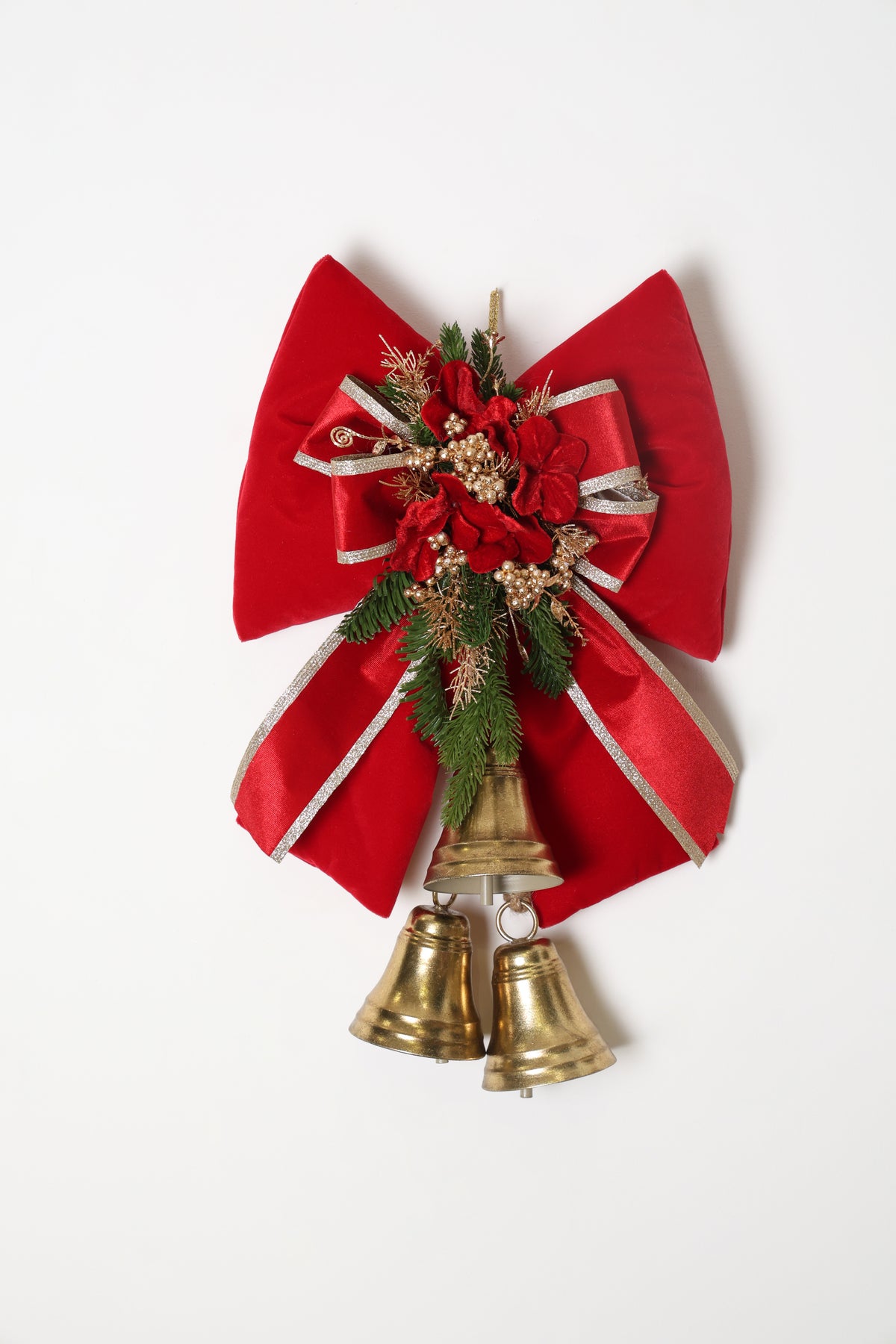 Fundă din catifea roșie cu decorațiuni de Crăciun și 3 clopoței, roșu/verde/auriu, 55cm