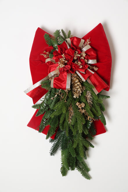 Fundă din catifea cu decorațiuni de Crăciun, roșu/verde, 75cm
