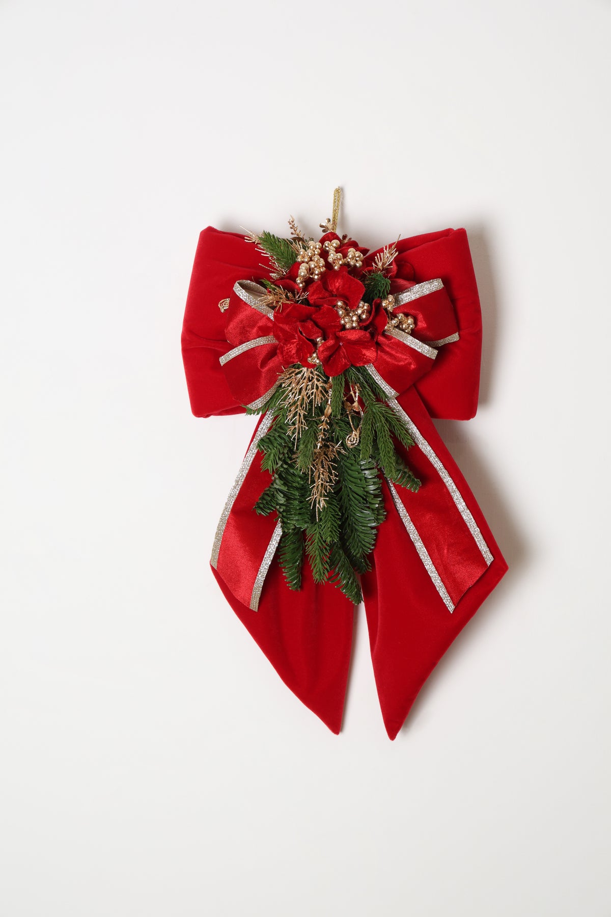 Fundă din catifea cu decorațiuni de Crăciun, roșu/verde, 55cm