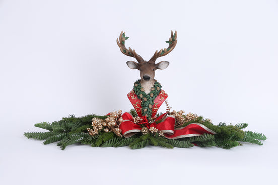 Aranjament decorativ de Crăciun cu ren și panglici, roșu/verde/maro, 85cm