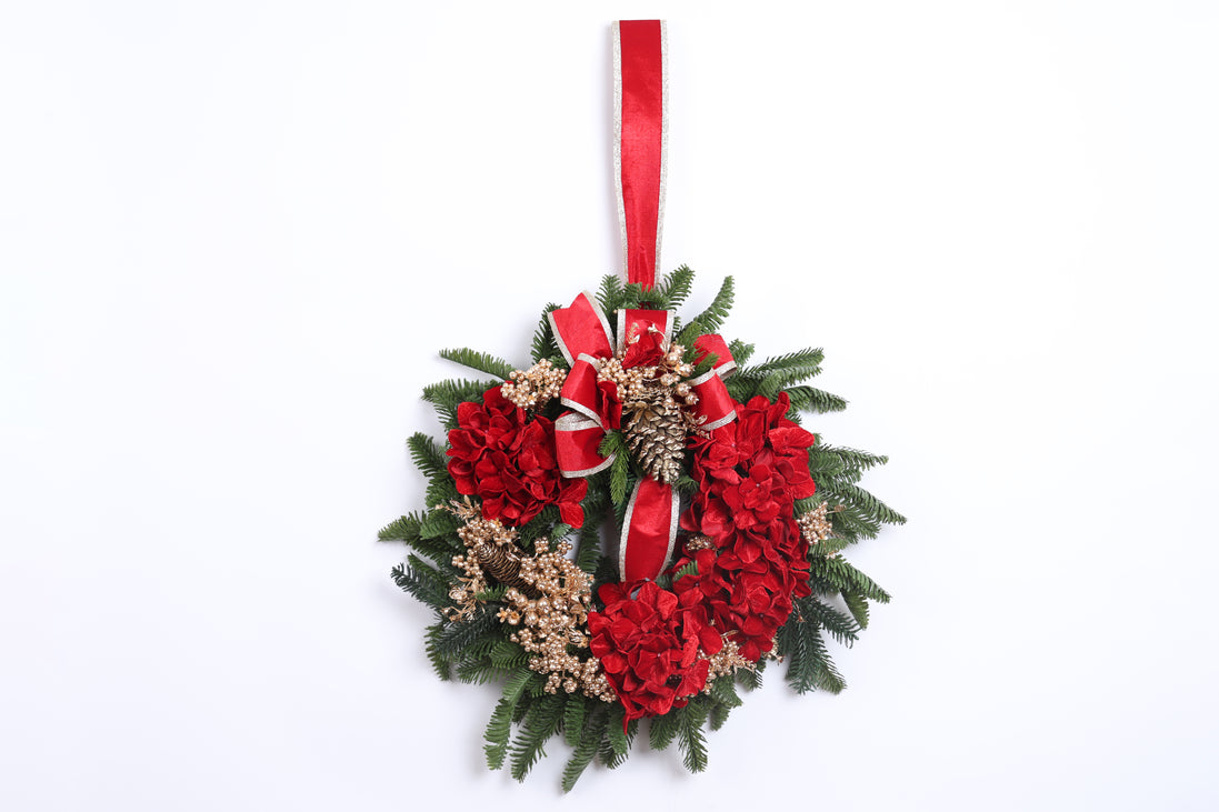 Coroniță de Crăciun cu flori și panglică, roșu/verde/auriu, 60cm