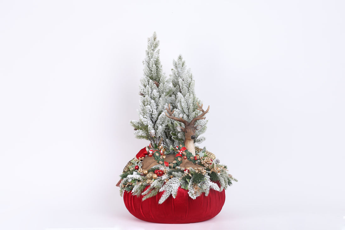 Aranjament decorativ de Crăciun cu bază din catifea și ren decorativ, roșu, 45x75cm
